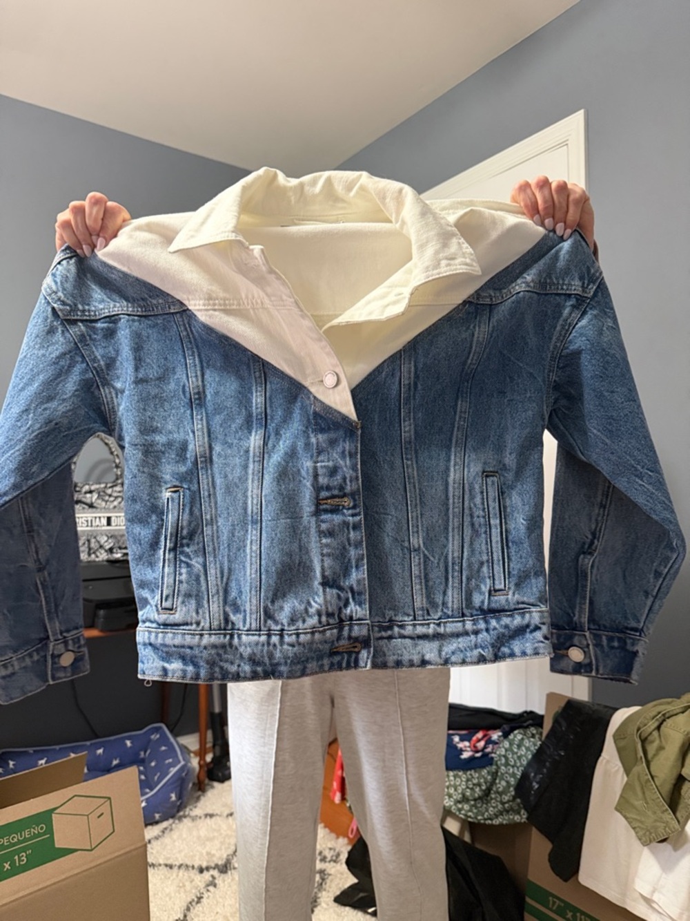 Blank NYC Blue Denim Jacket with Cream Hood